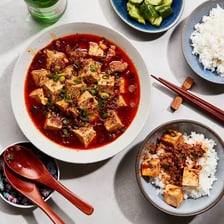 A bowl of mapo tofu, a spicy Sichuan tofu dish.