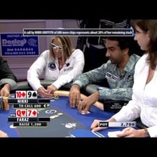 Players studying one another during a poker game at a card table.