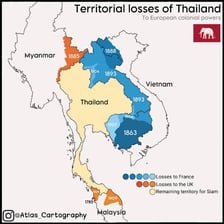 A historical map showing Siam, the former name of Thailand