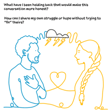 Two people talk together in a conversational setting.