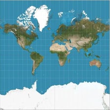A Mercator world map showing enlarged areas near the poles.
