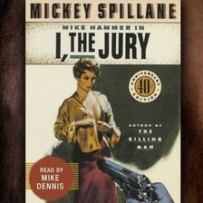 A portrait of crime writer Mickey Spillane beside Mike Hammer novels.