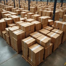 A warehouse holding a large quantity of stacked cargo.