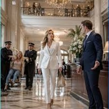 A person escorting a visitor up toward a penthouse.