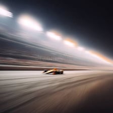 A race car speeding past with motion blur.