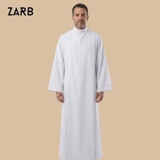 A Catholic priest wearing a long white alb.