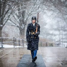 A guard standing alert while keeping watch