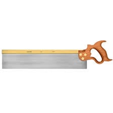 A hand ripsaw with a toothed metal blade and wooden handle.