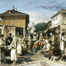 Two people exchanging goods at an outdoor market