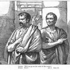 An illustration depicts Brutus confronting Julius Caesar in a Roman setting.
