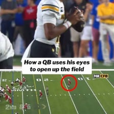 A defensive football player focused on the quarterback