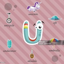 An educational illustration showing U letters removed from written words.