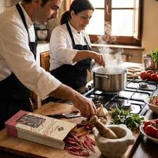 A chef washing and cutting bell peppers on a cutting board