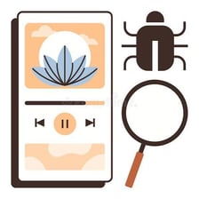 A computer-bug illustration appearing on a smartphone app screen