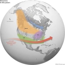 An educational map showing the El Niño climate pattern in the Pacific Ocean.