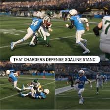 American football defenders stopping an offense near the goal line