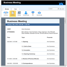 A printed meeting agenda with individual discussion items