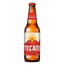 A bottle of Tecate Mexican beer.
