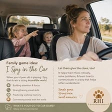 Children looking out a car window while playing a visual guessing game.