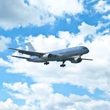 An airplane flying through a clear sky