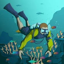 A scuba diver underwater beside a depth gauge.