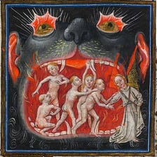 A medieval-style depiction of souls in purgatory.