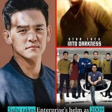Hikaru Sulu seated at the helm of the Enterprise in *Star Trek*.