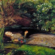 An artistic depiction of Ophelia floating in a stream