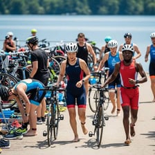 Athletes competing in the swimming, cycling and running stages of a triathlon