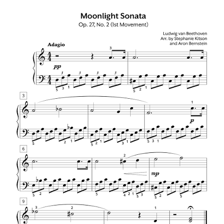 Sheet music for Beethoven’s “Moonlight Sonata” beside a piano.