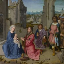 The three Magi bringing gifts in a Nativity scene