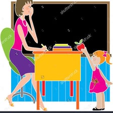 Schoolchild handing an apple to a teacher