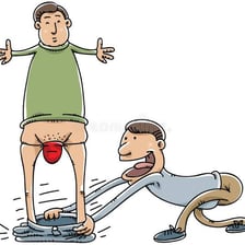 A cartoon-style depiction of someone having their pants pulled down as a prank