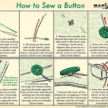 A needle and thread being used to sew a button onto fabric.