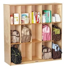 A row of classroom cubbyholes used to store students' belongings