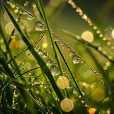 Glittering dew droplets resting on blades of grass