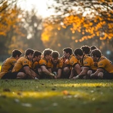 Teammates gathered in a close huddle