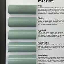 Paint samples showing matte, satin, and glossy finishes.