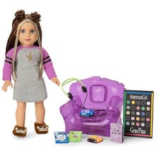 An American Girl doll displayed with clothing and accessories