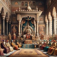 Historical painting depicting South Asian rulers in a royal court