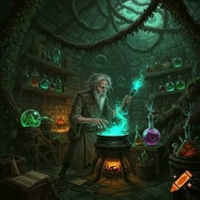 A wizard mixing a glowing potion in a cauldron