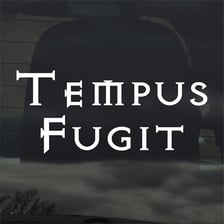 The Latin phrase “tempus fugit,” meaning “time flies,” displayed in calligraphy.