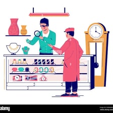 A pawn broker examines an item at a pawn shop.