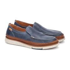 A pair of moccasins and a pair of loafers, both slip-on shoes.