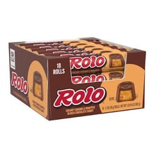 Rolo candies showing chocolate-covered caramel pieces.