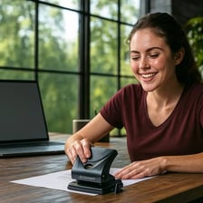 A handheld hole punch beside school supplies on a classroom desk
