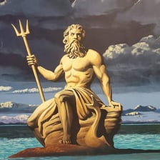 Artwork depicting Neptune with a trident amid the sea.