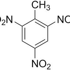 A chemical diagram representing trinitrotoluene, commonly abbreviated TNT.