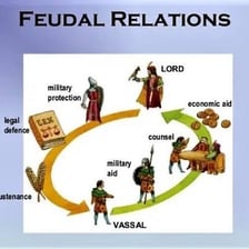 A medieval lord and a vassal shown in a feudal setting.
