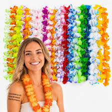Colorful flower leis arranged as gifts.